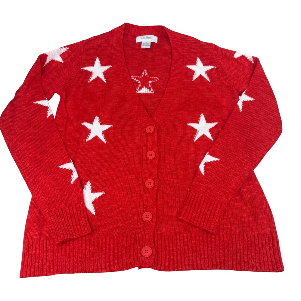 Vermont Country Store XS Red White Star Knit V-Neck Button Cardigan Sweater